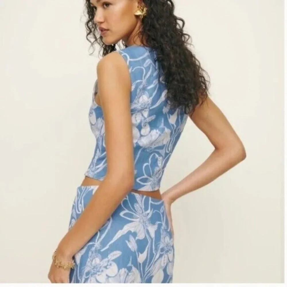 Reformation Blue Floral Grace Linen Two Piece Set Crop Top Mini Skirt Sleeveless